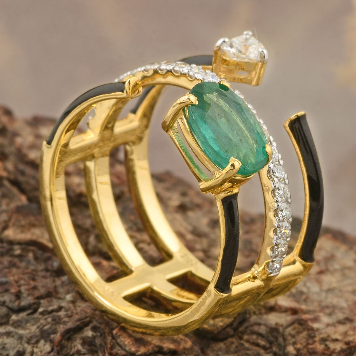 1.67 TCW Zambian Emerald Cuff Ring Diamond Yellow 18K Gold Black Enamel Jewelry |Party Wear Cuff Ring Fine Jewelry