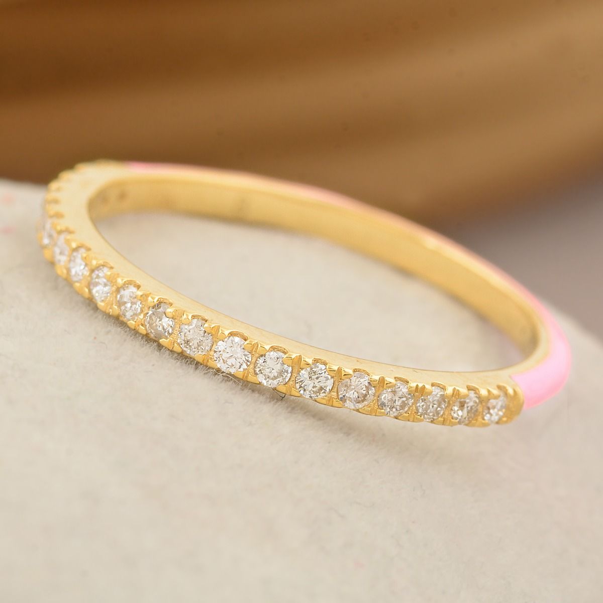 0.22 TCW Brilliant Cut SI/HI Diamond Eternity Ring 18K Yellow Gold Pink Enamel | Anniversary Gift for Her