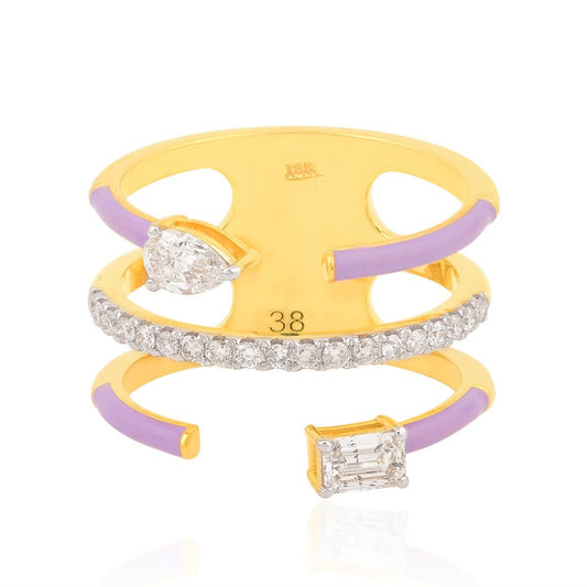 Yellow 18K Gold Cuff Ring 0.71 TCW Natural SI/HI Diamond Purple Enamel Jewelry | Party Wear Cuff Ring Jewelry for Women