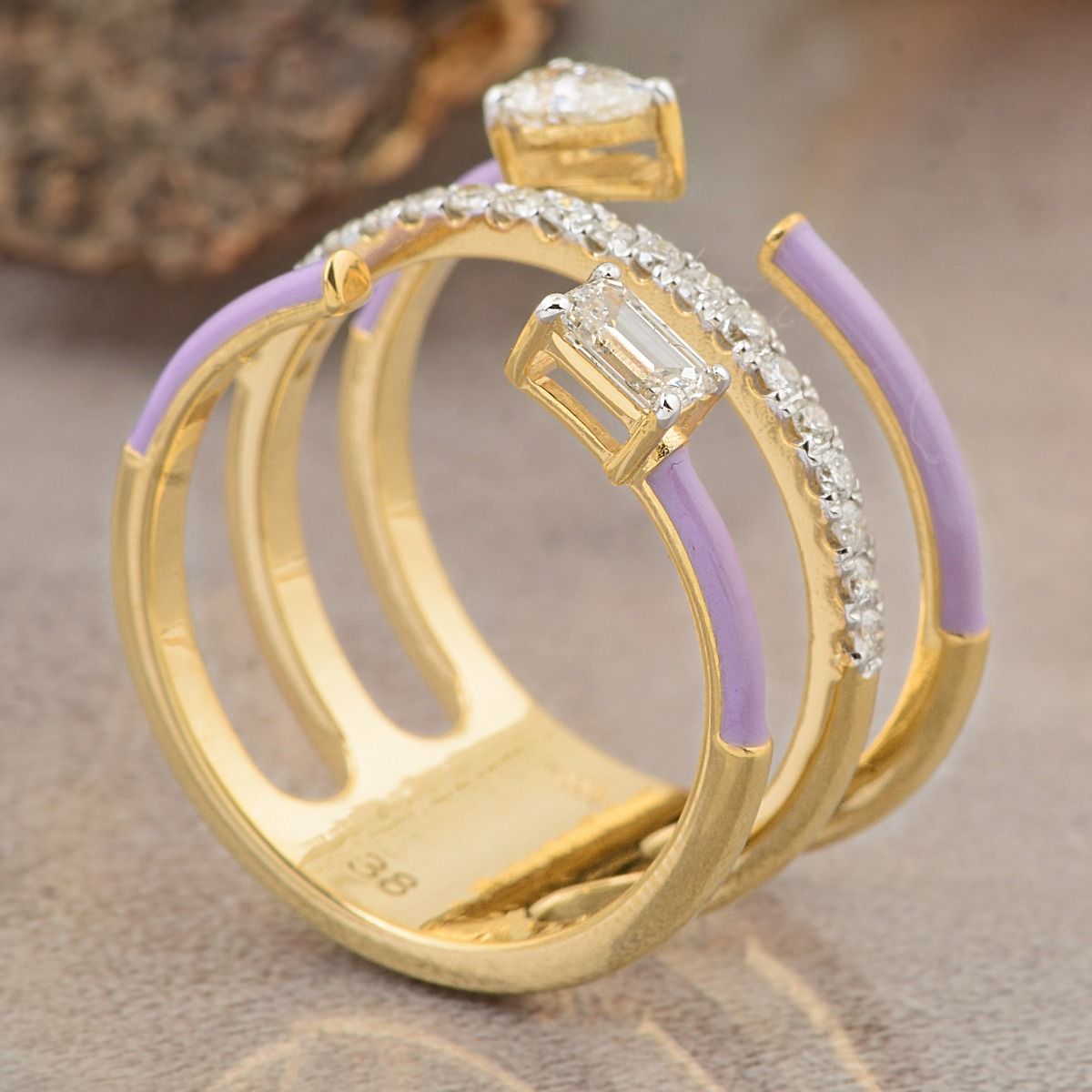 Yellow 18K Gold Cuff Ring 0.71 TCW Natural SI/HI Diamond Purple Enamel Jewelry | Party Wear Cuff Ring Jewelry for Women