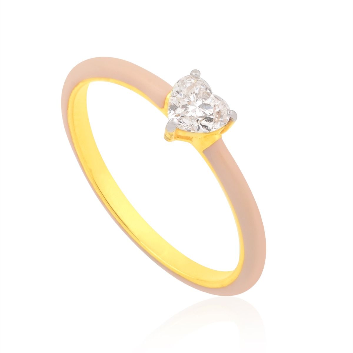 0.33 TCW Heart SI/HI Diamond SOLITAIRE Ring 18K Yellow Gold Pink Enamel Jewelry | Anniversary Gift for Her