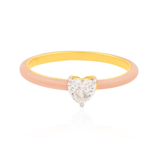 0.33 TCW Heart SI/HI Diamond SOLITAIRE Ring 18K Yellow Gold Pink Enamel Jewelry | Anniversary Gift for Her