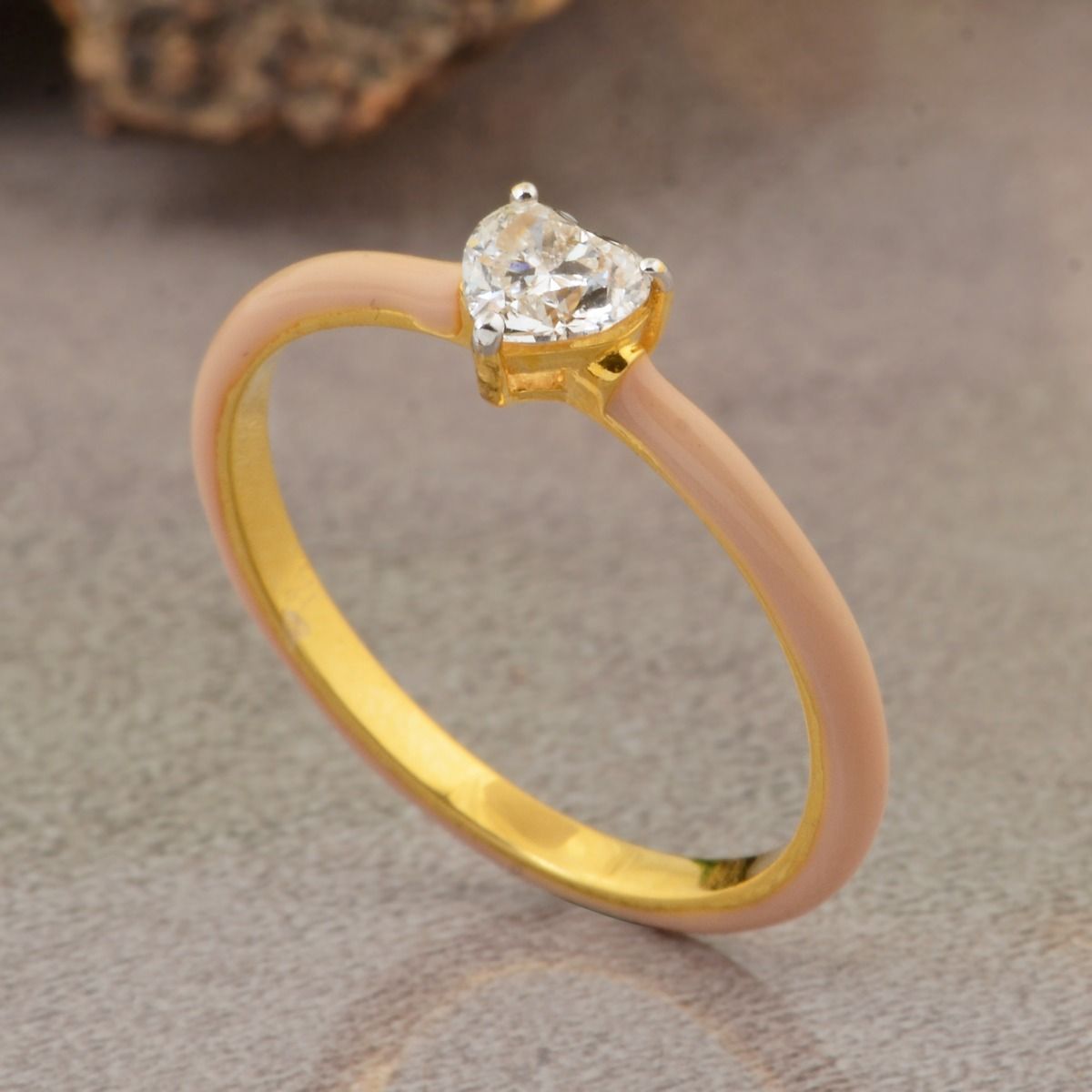 0.33 TCW Heart SI/HI Diamond SOLITAIRE Ring 18K Yellow Gold Pink Enamel Jewelry | Anniversary Gift for Her