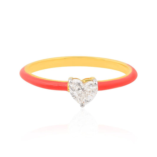 Yellow 18K Gold Solitaire Ring 0.35 TCW SI/HI Heart Diamond Red Enamel Jewelry | Birthday Gift for Her