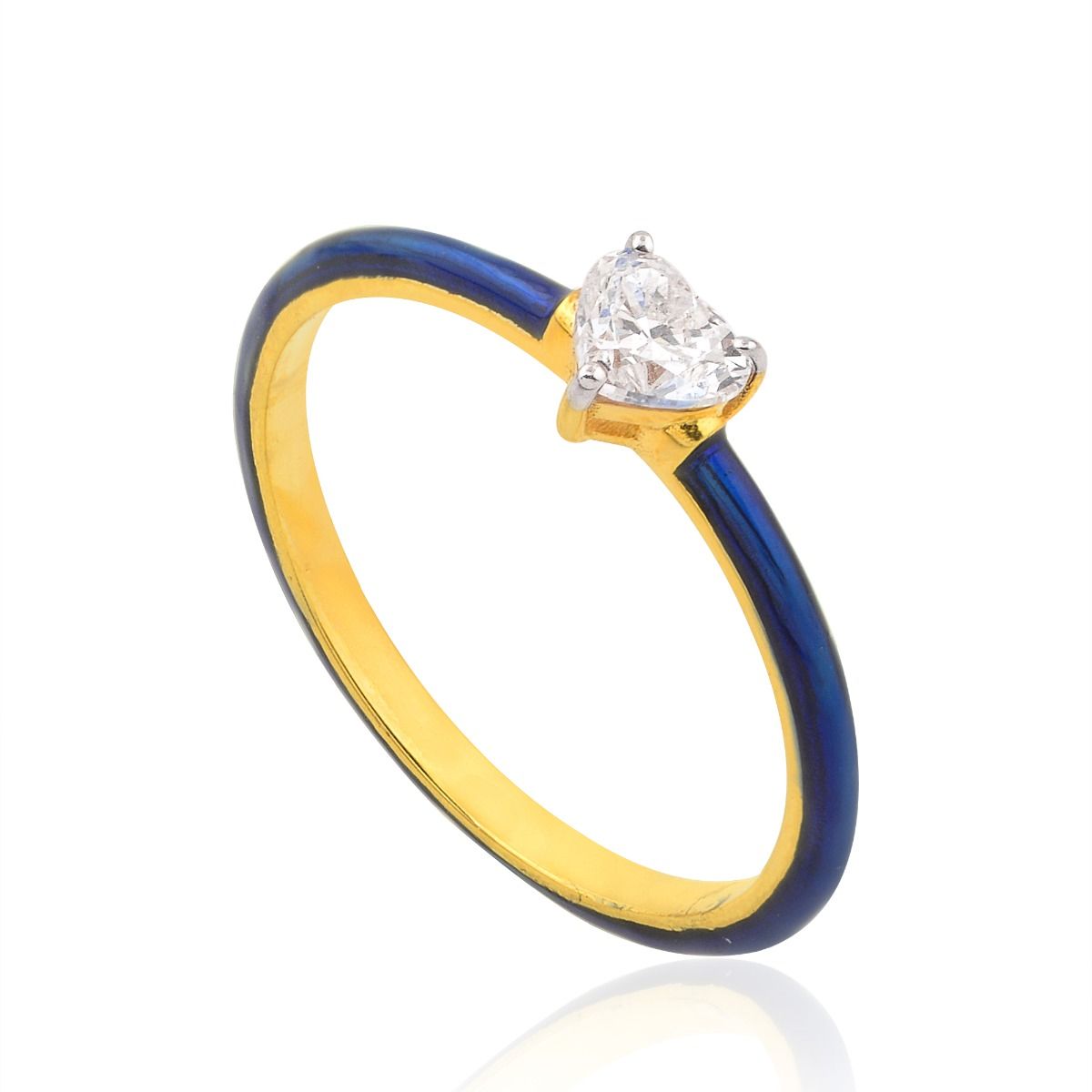 Gold 18K Yellow Solitaire Ring Heart Diamond 0.33 TCW SI/HI Blue Enamel Jewelry | Anniversary Gift for Women