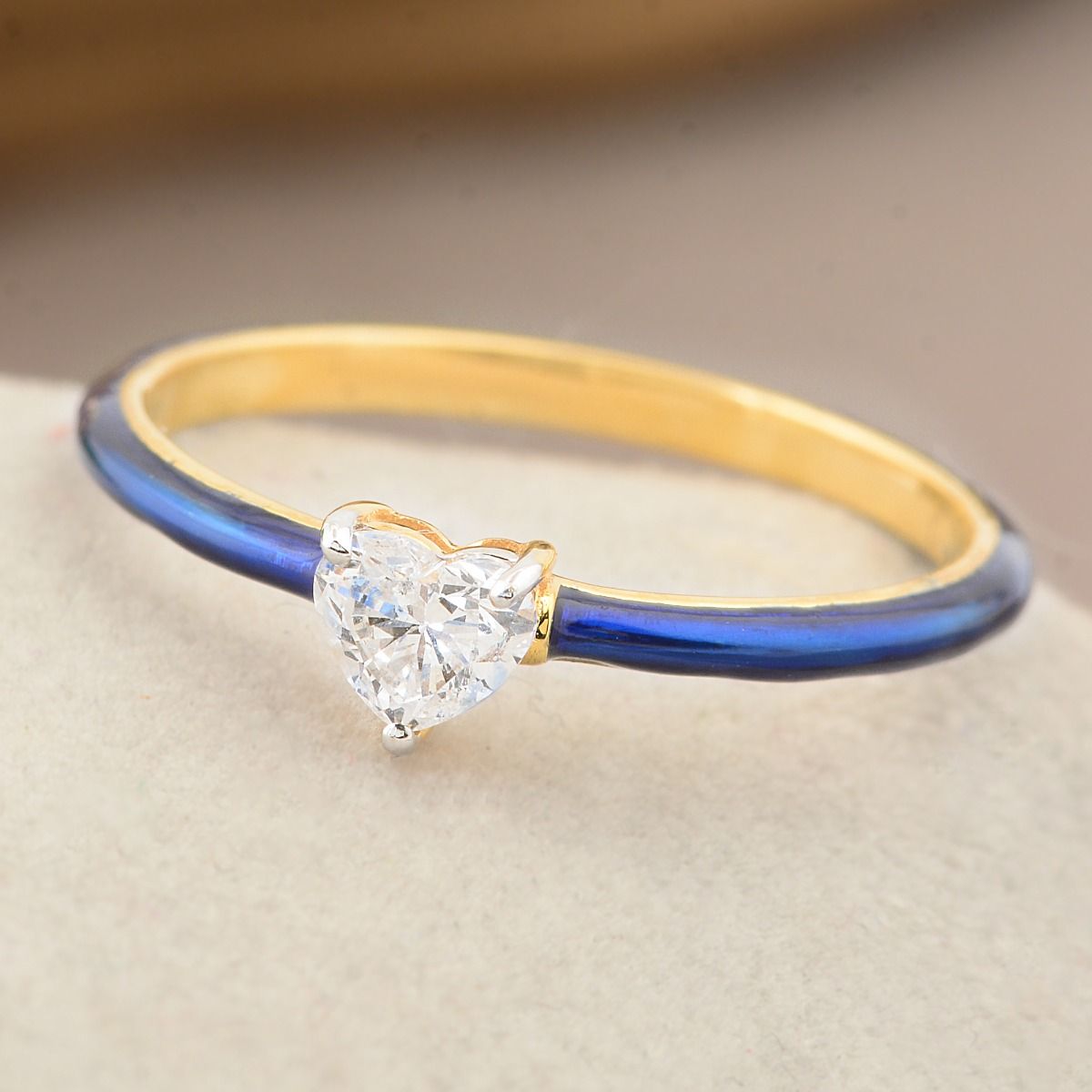 Gold 18K Yellow Solitaire Ring Heart Diamond 0.33 TCW SI/HI Blue Enamel Jewelry | Anniversary Gift for Women