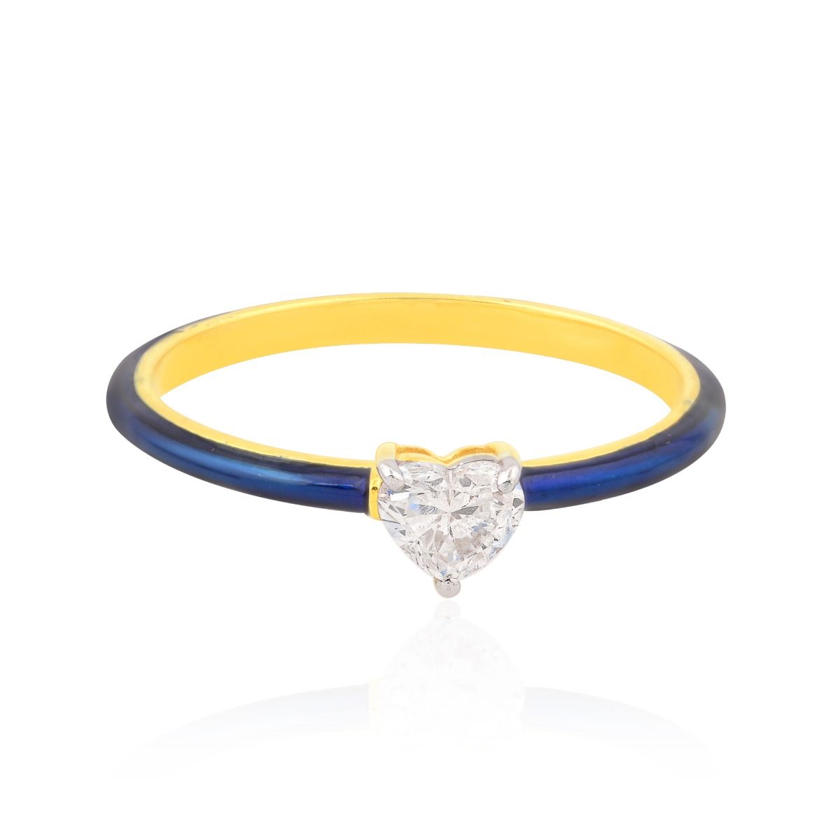 Gold 18K Yellow Solitaire Ring Heart Diamond 0.33 TCW SI/HI Blue Enamel Jewelry | Anniversary Gift for Women