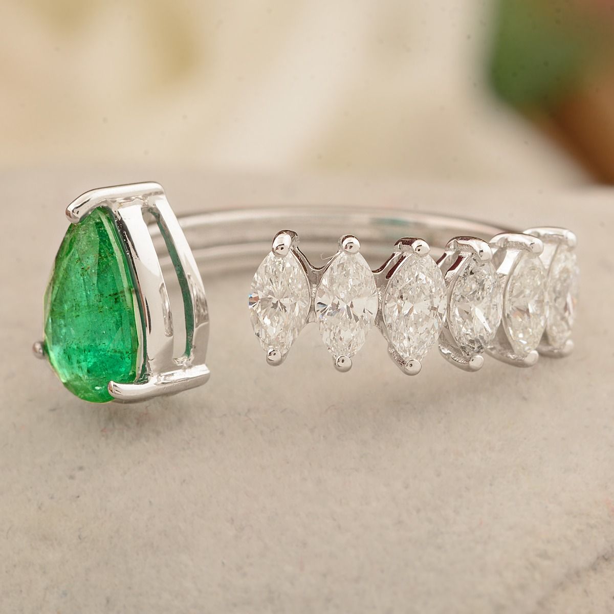 1.72 TCW Zambian Emerald Ring Open Adjustable Band 18K White Gold Diamond