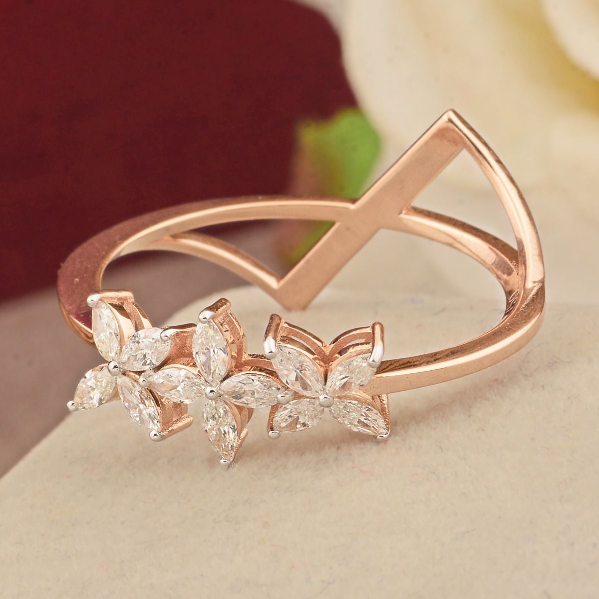 0.70 TCW SI/HI Marquise Diamond Flower Designer Band Ring 18K Rose Gold | Party Wear Ring Jewelry for Her