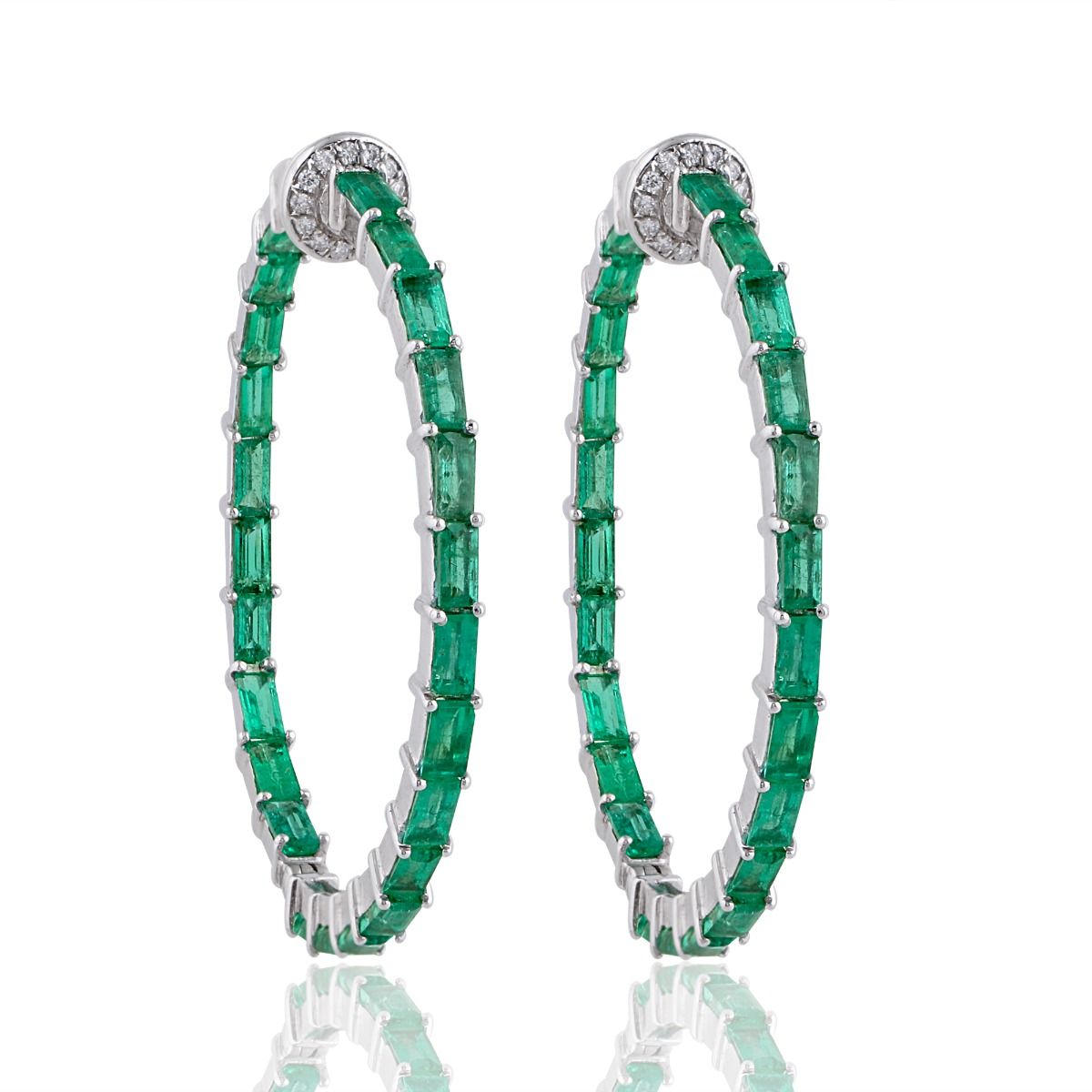 Real Emerald Solid 14 Kt White Gold SI Clarity HI Color Diamond Fine Hoop Earrings