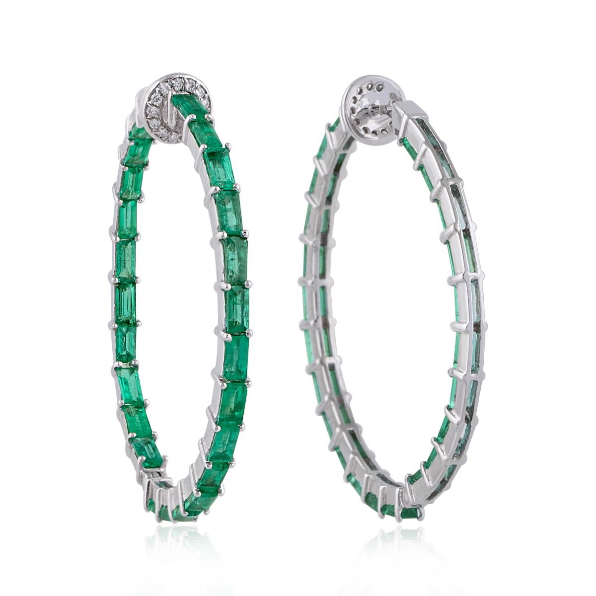 Real Emerald Solid 14 Kt White Gold SI Clarity HI Color Diamond Fine Hoop Earrings