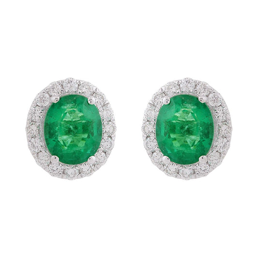 14k White Gold 1.14 TCW SI Clarity HI Color Diamond Zambian Emerald Gemstone Stud Earrings Jewelry For Women , Gift For Her