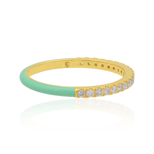 14k Yellow Gold 0.21 TCW SI Clarity HI Color Diamond Sea Green Enamel Ring |Band Ring |Jewelry For Her