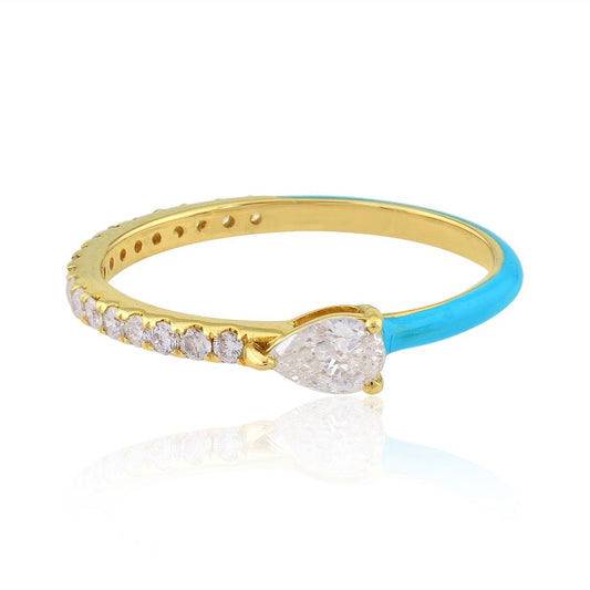 14k Yellow Gold 0.47 SI Clarity HI Color Pear Diamond With Blue Enamel Party Wear Ring Christmas Gift For Women