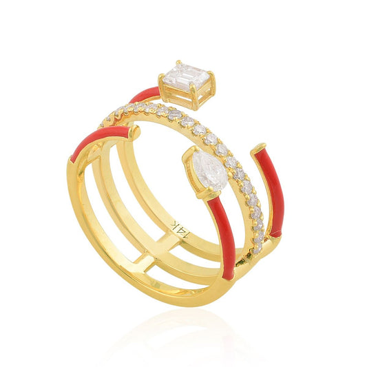 14k Yellow Gold 0.63 TCW SI Clarity HI Color Pear & Baguette Diamond Open Cage Ring With Red Enamel Party Wear Ring Gift For Women