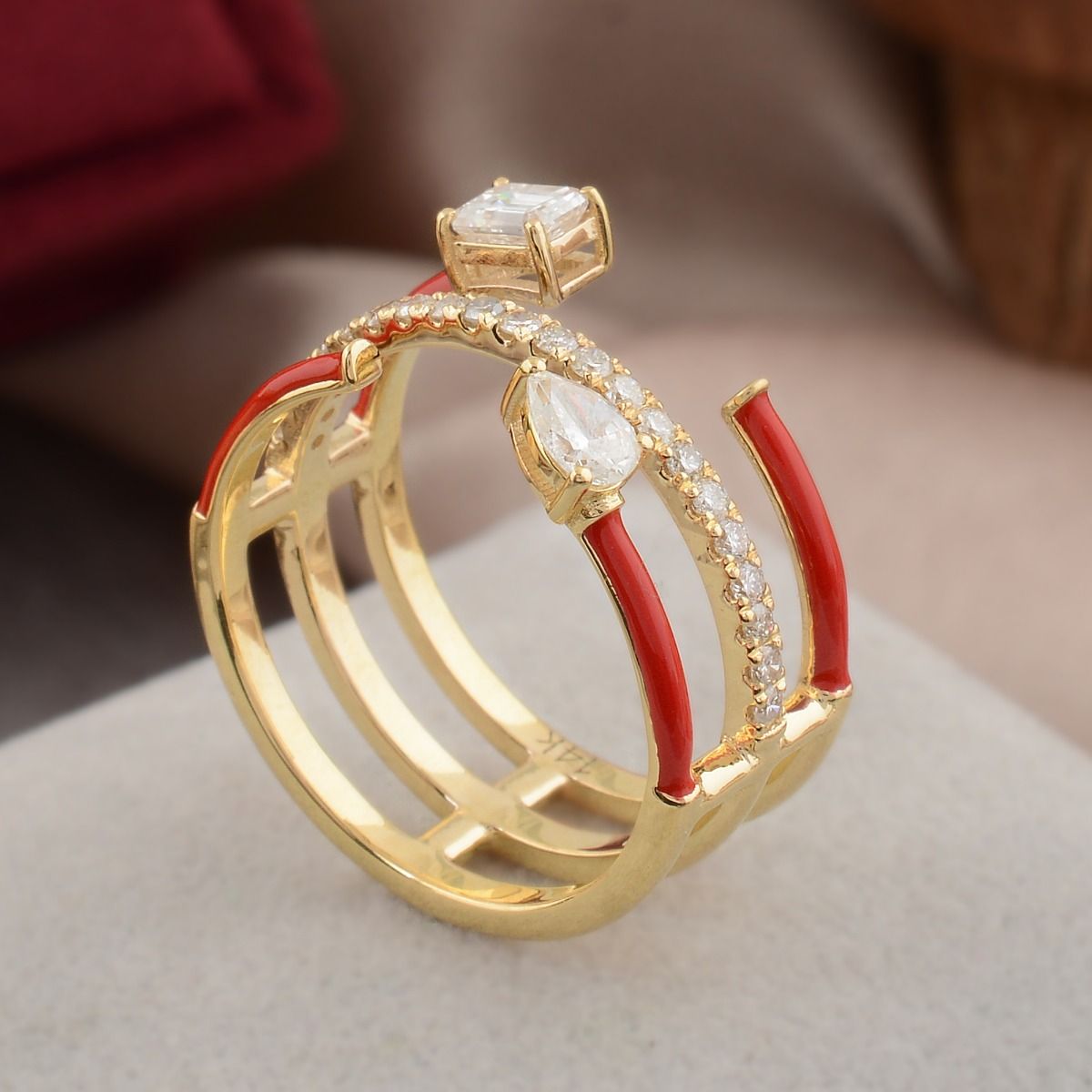 14k Yellow Gold 0.63 TCW SI Clarity HI Color Pear & Baguette Diamond Open Cage Ring With Red Enamel Party Wear Ring Gift For Women