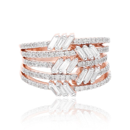 1.01 Carat HI Color SI Clarity Baguette Diamond Jewelry Solid 14k Rose Gold Multi Layer Ring Birthday Gift For Her