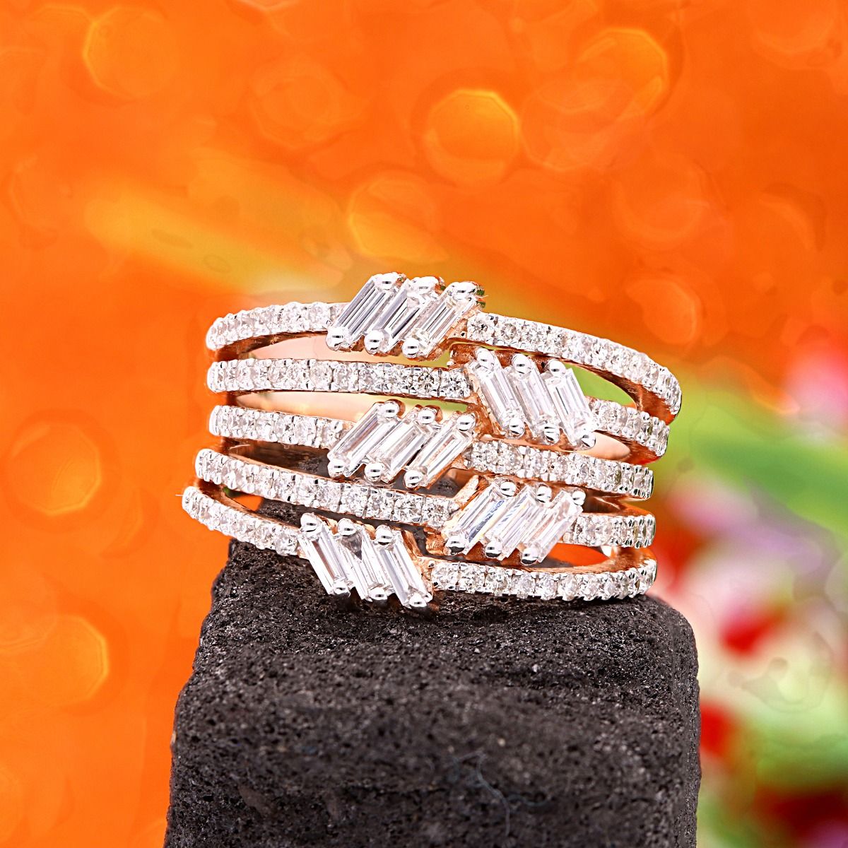 1.01 Carat HI Color SI Clarity Baguette Diamond Jewelry Solid 14k Rose Gold Multi Layer Ring Birthday Gift For Her