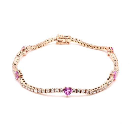 Heart Shape Pink Sapphire Bracelet SI/HI Diamond Solid 14k Yellow Gold Jewelry