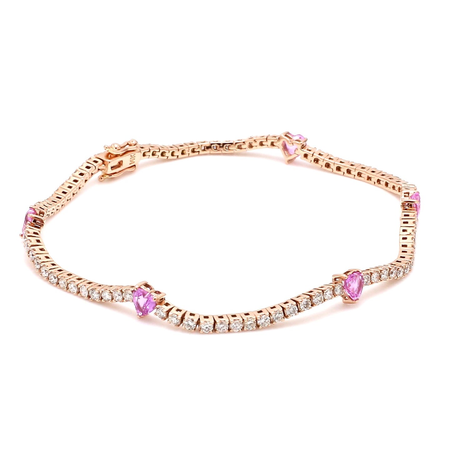 Heart Shape Pink Sapphire Bracelet SI/HI Diamond Solid 14k Yellow Gold Jewelry