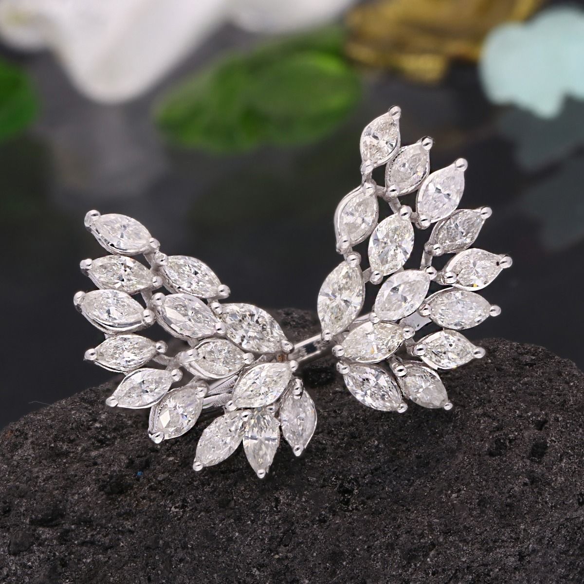 18k White Gold Handmade Cocktail Ring Natural 2.27 Carat HI/SI Marquise Diamond Jewelry