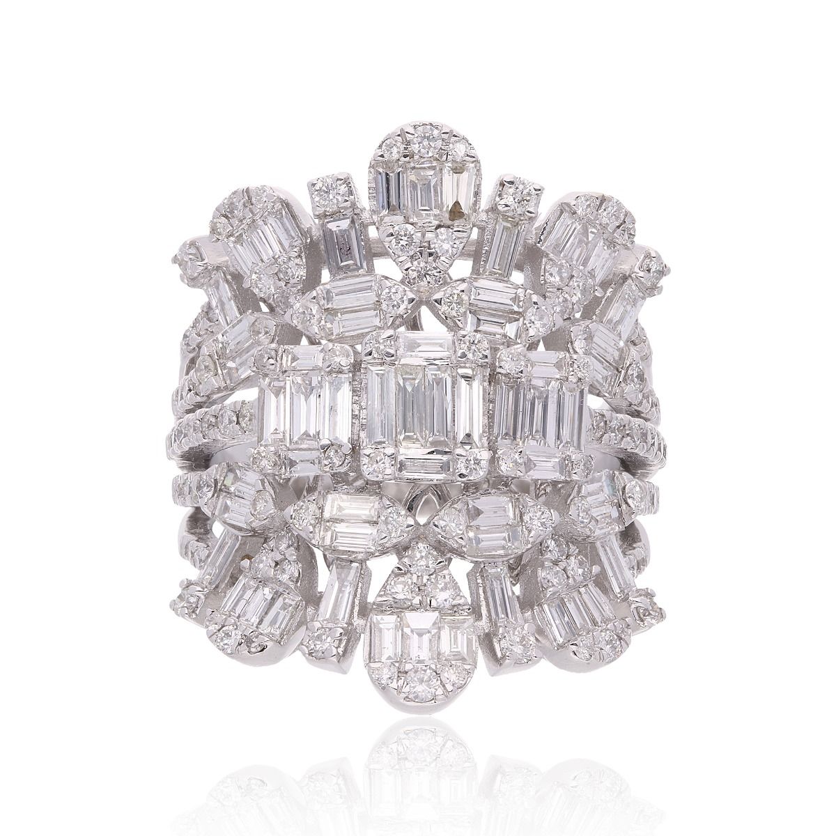 Natural 2.62 Carat HI/SI Round & Baguette Diamond Statement Ring Solid 18k White Gold Handmade Jewelry