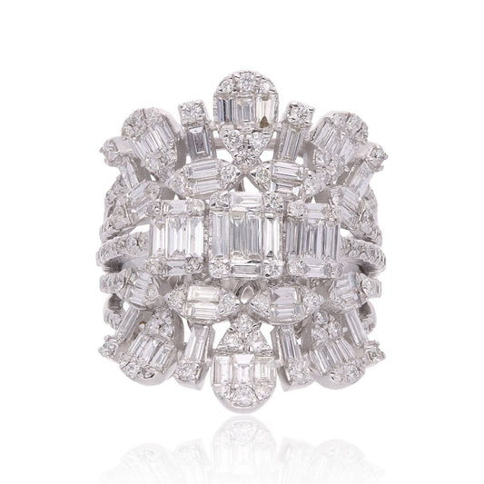 Natural 2.62 Carat HI/SI Round & Baguette Diamond Statement Ring Solid 18k White Gold Handmade Jewelry