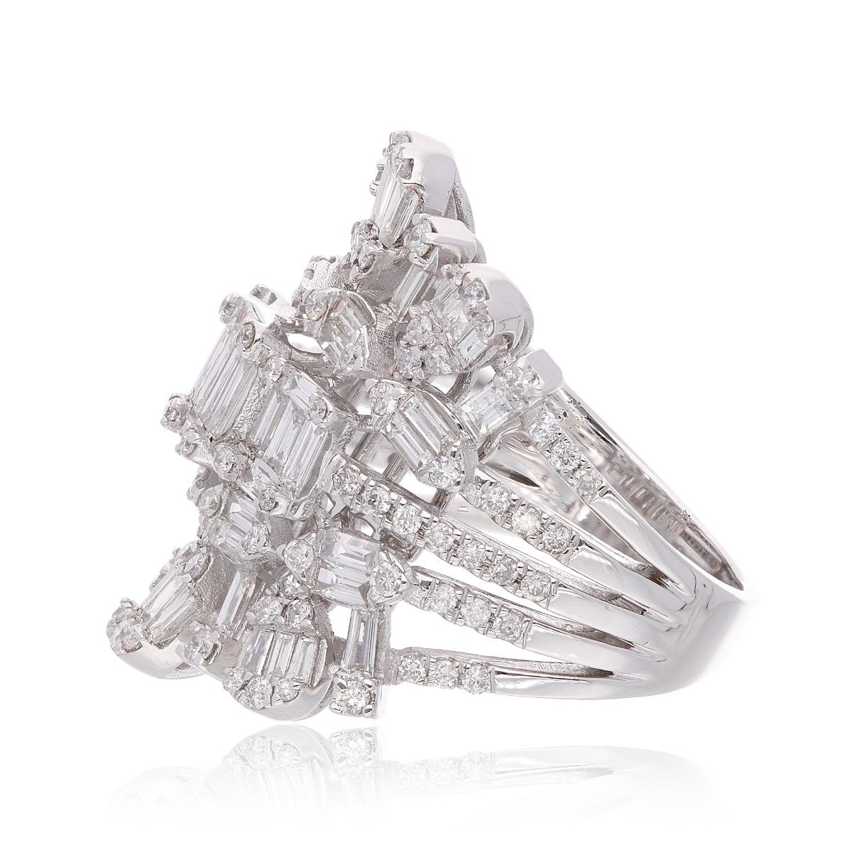 Natural 2.62 Carat HI/SI Round & Baguette Diamond Statement Ring Solid 18k White Gold Handmade Jewelry