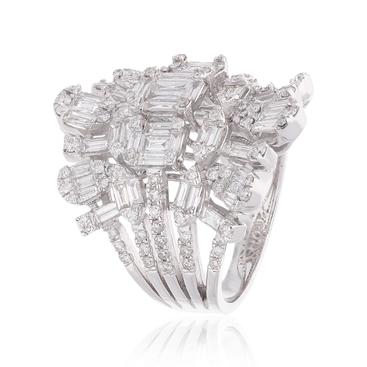 Natural 2.62 Carat HI/SI Round & Baguette Diamond Statement Ring Solid 18k White Gold Handmade Jewelry