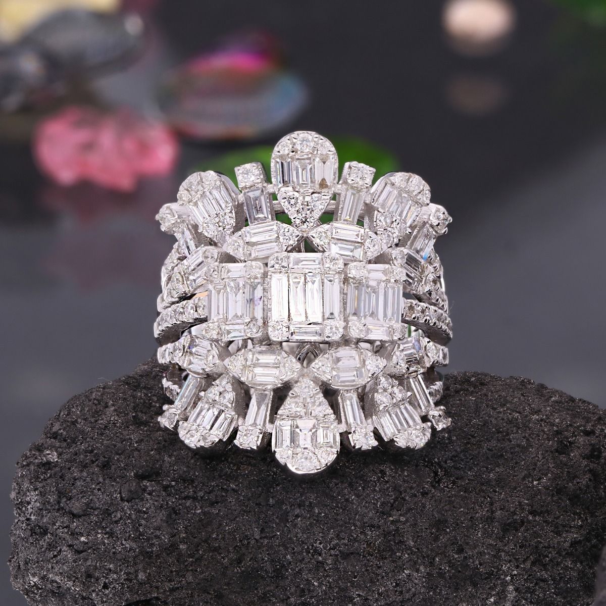 Natural 2.62 Carat HI/SI Round & Baguette Diamond Statement Ring Solid 18k White Gold Handmade Jewelry