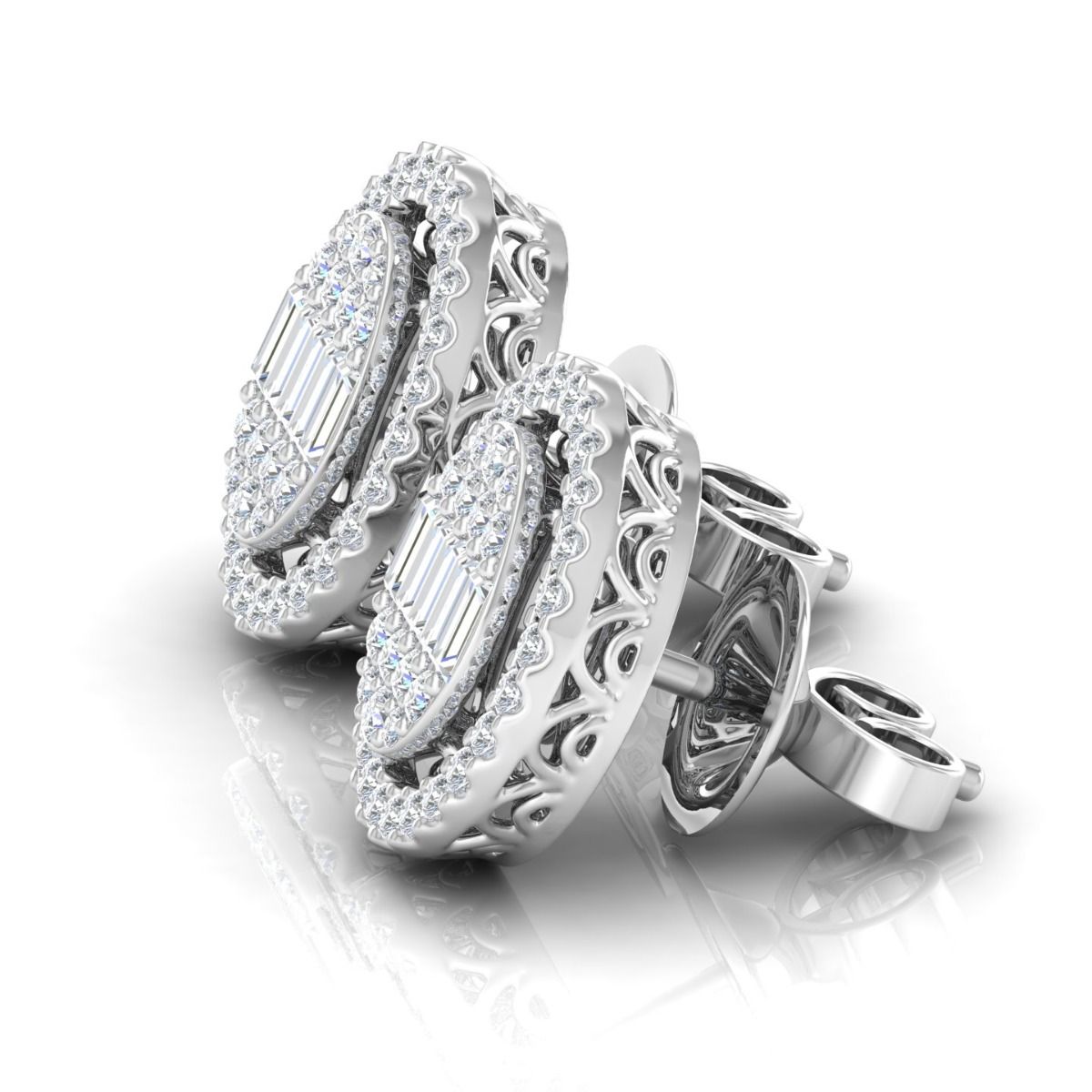 1.80 TCW HI Color SI Clarity Baguette Diamond Pave Stud Earrings 10 Kt Gold