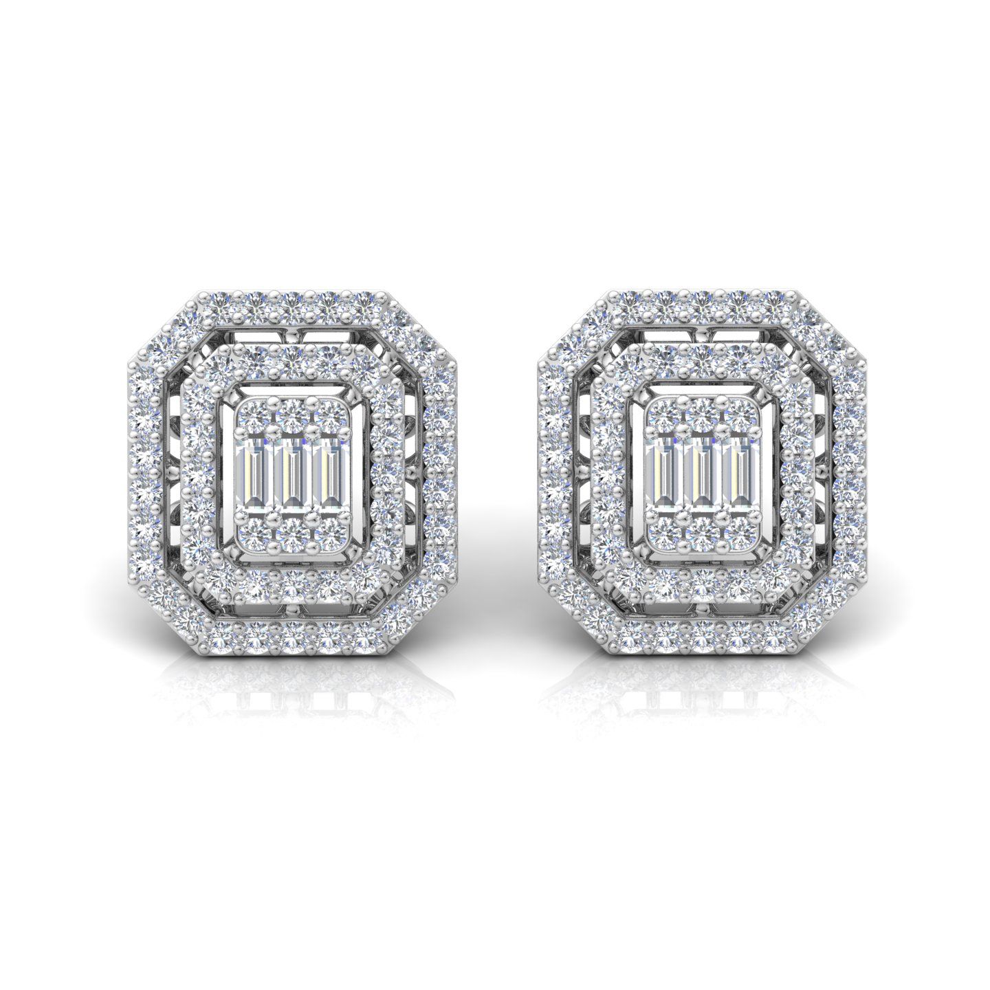 1.85 TCW HI Color SI Clarity Baguette Round Diamond Pave Stud Earrings 10 Kt Gold