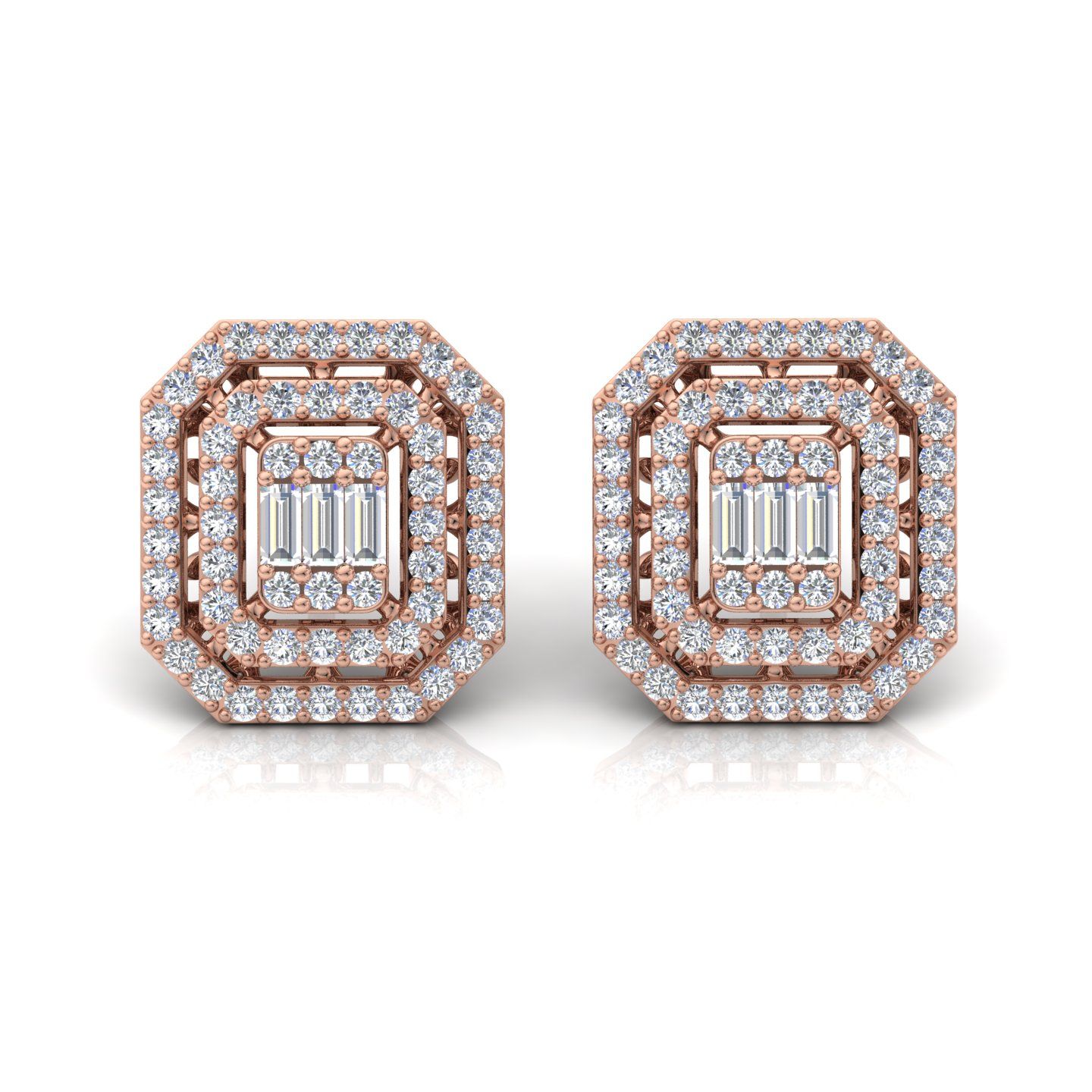 1.85 TCW HI Color SI Clarity Baguette Round Diamond Pave Stud Earrings 10 Kt Gold