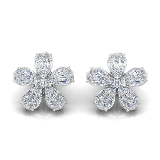 1.75 TCW HI/SI Solid 10 Kt Gold Baguette Round Diamond Pave Flower Stud Earrings