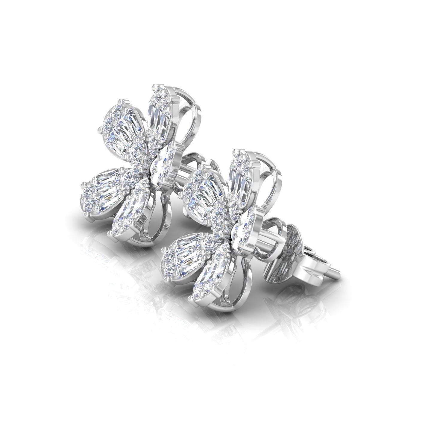 1.75 TCW HI/SI Solid 10 Kt Gold Baguette Round Diamond Pave Flower Stud Earrings