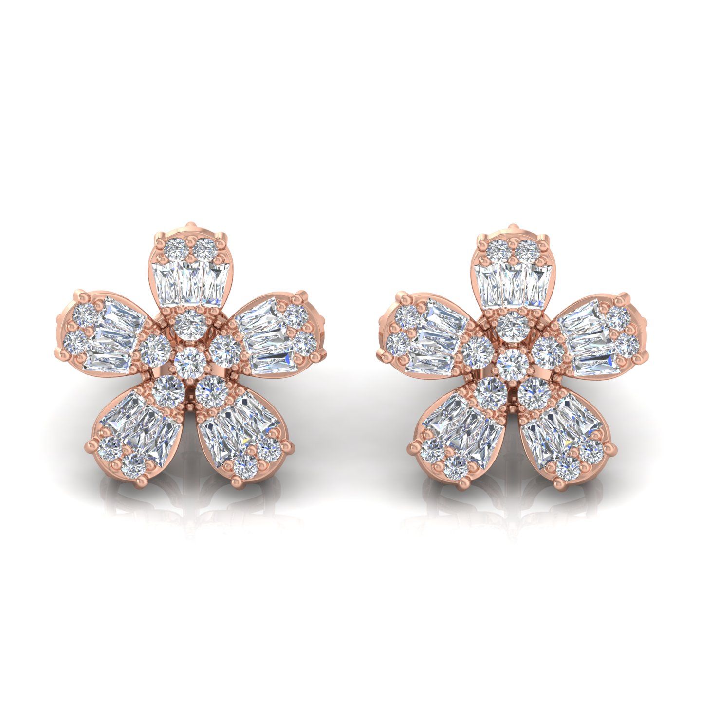 1.75 TCW HI/SI Solid 10 Kt Gold Baguette Round Diamond Pave Flower Stud Earrings