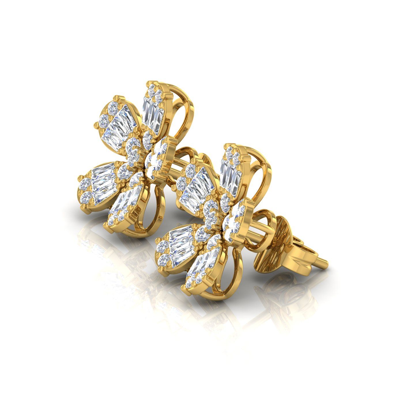 1.75 TCW HI/SI Solid 10 Kt Gold Baguette Round Diamond Pave Flower Stud Earrings