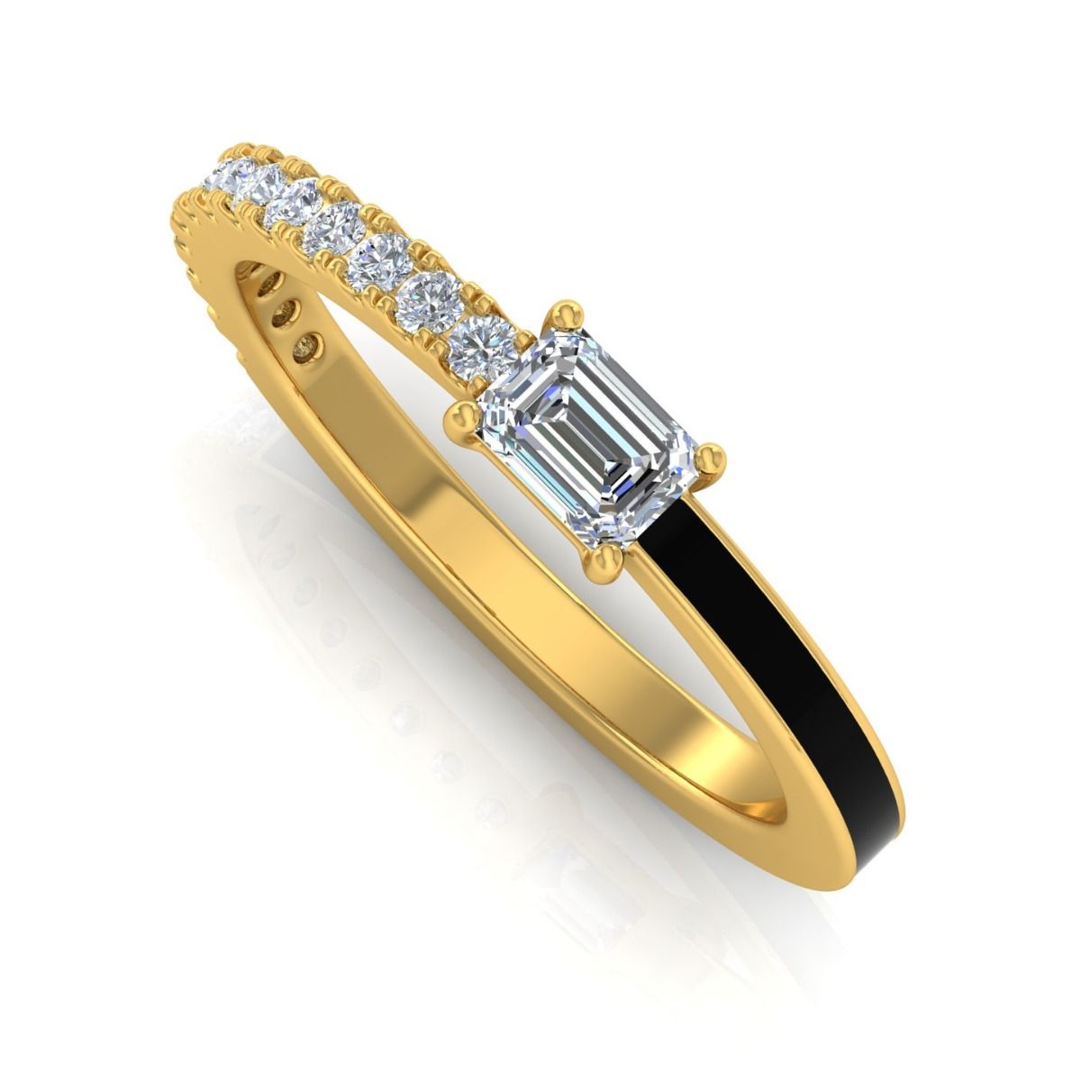 Black Enamel SI/HI Baguette Round Diamond Band Ring 14 Kt Gold Fine Jewelry