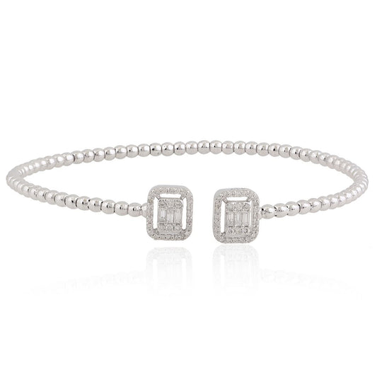 14k White Gold 0.40 TCW SI Clarity HI Color Baguette Diamond Beaded Cuff Bangle Bracelet Jewelry For Women