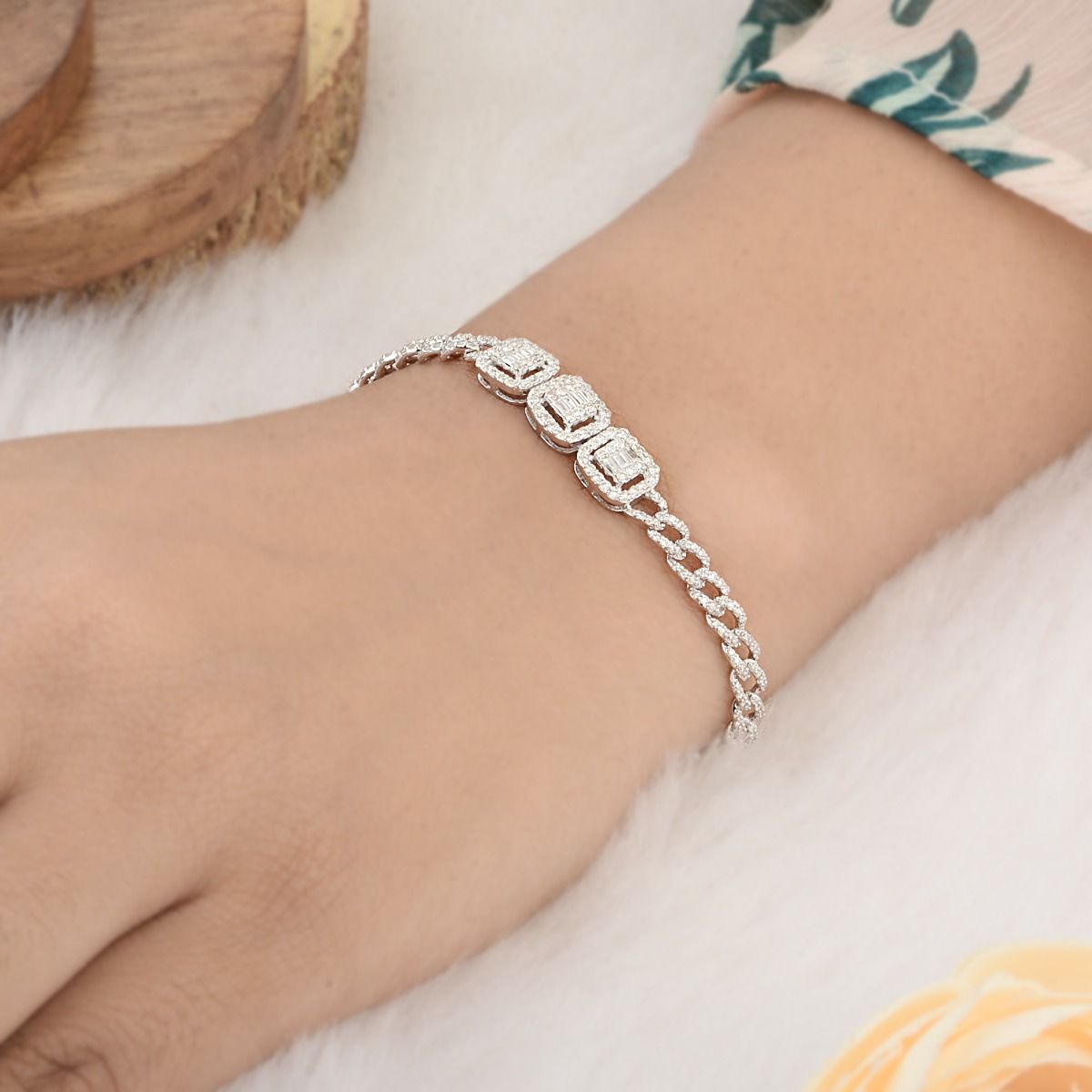 10k white Gold 1.81 Carats SI Clarity HI Color Diamond Bracelet |Curb Bracelet |Three Block Diamond Bracelet |Curb Diamond Bracelet