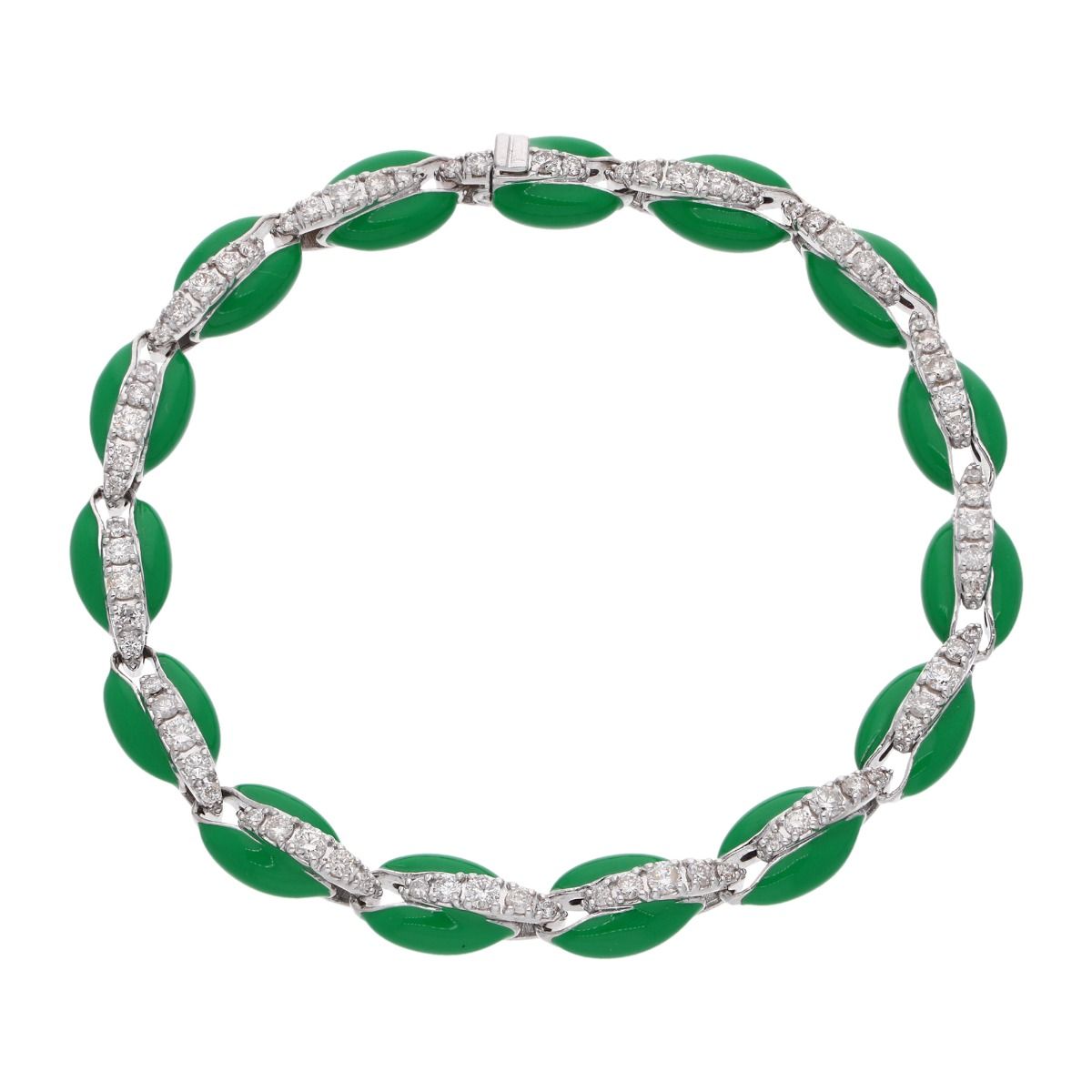 10k White Gold 1.85 Carat HI Color SI Clarity Pave Diamond Bracelet Cowrie Shell Green Enamel Jewelry