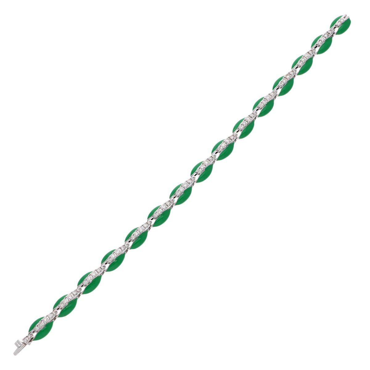 10k White Gold 1.85 Carat HI Color SI Clarity Pave Diamond Bracelet Cowrie Shell Green Enamel Jewelry