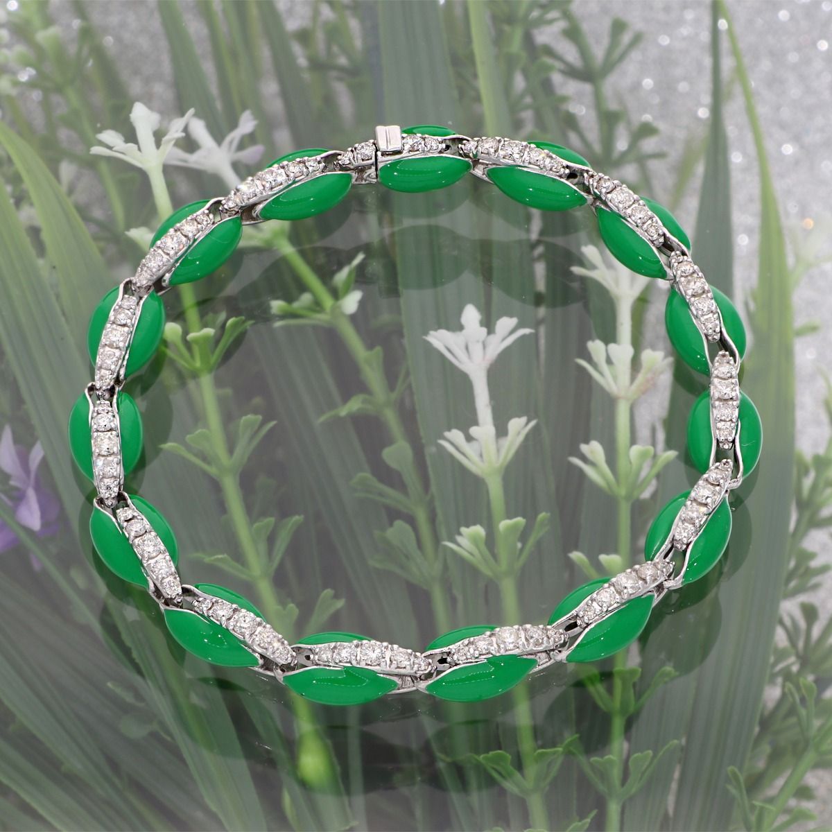 10k White Gold 1.85 Carat HI Color SI Clarity Pave Diamond Bracelet Cowrie Shell Green Enamel Jewelry