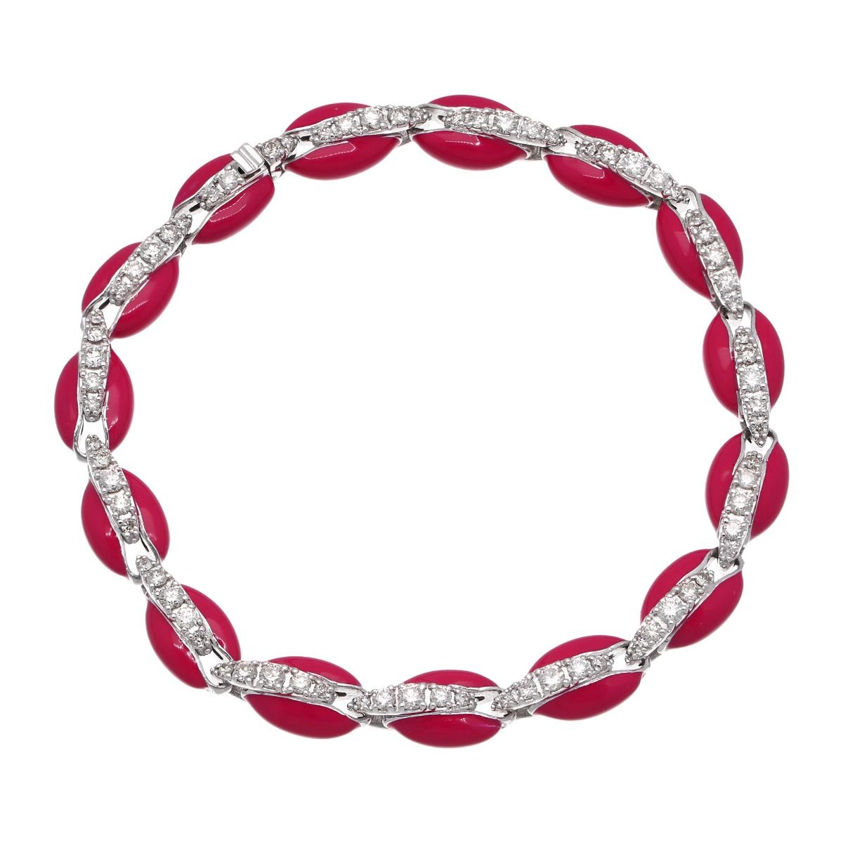 Red Enamel Natural HI Color SI Clarity Pave Diamond Women Bracelet 10k White Gold Handmade Jewelry