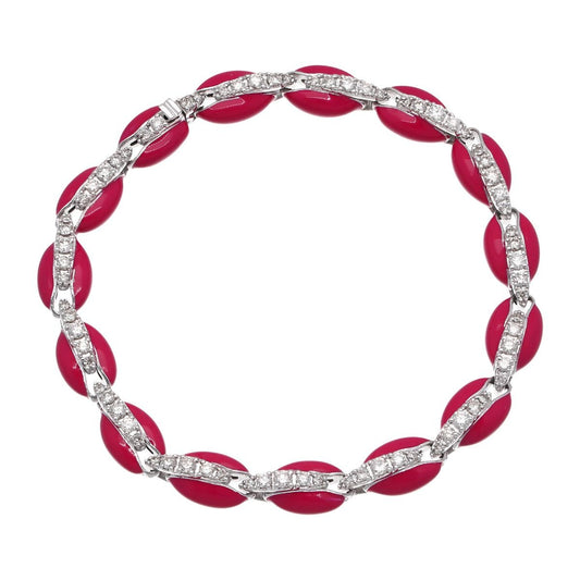 Red Enamel Natural HI Color SI Clarity Pave Diamond Women Bracelet 10k White Gold Handmade Jewelry