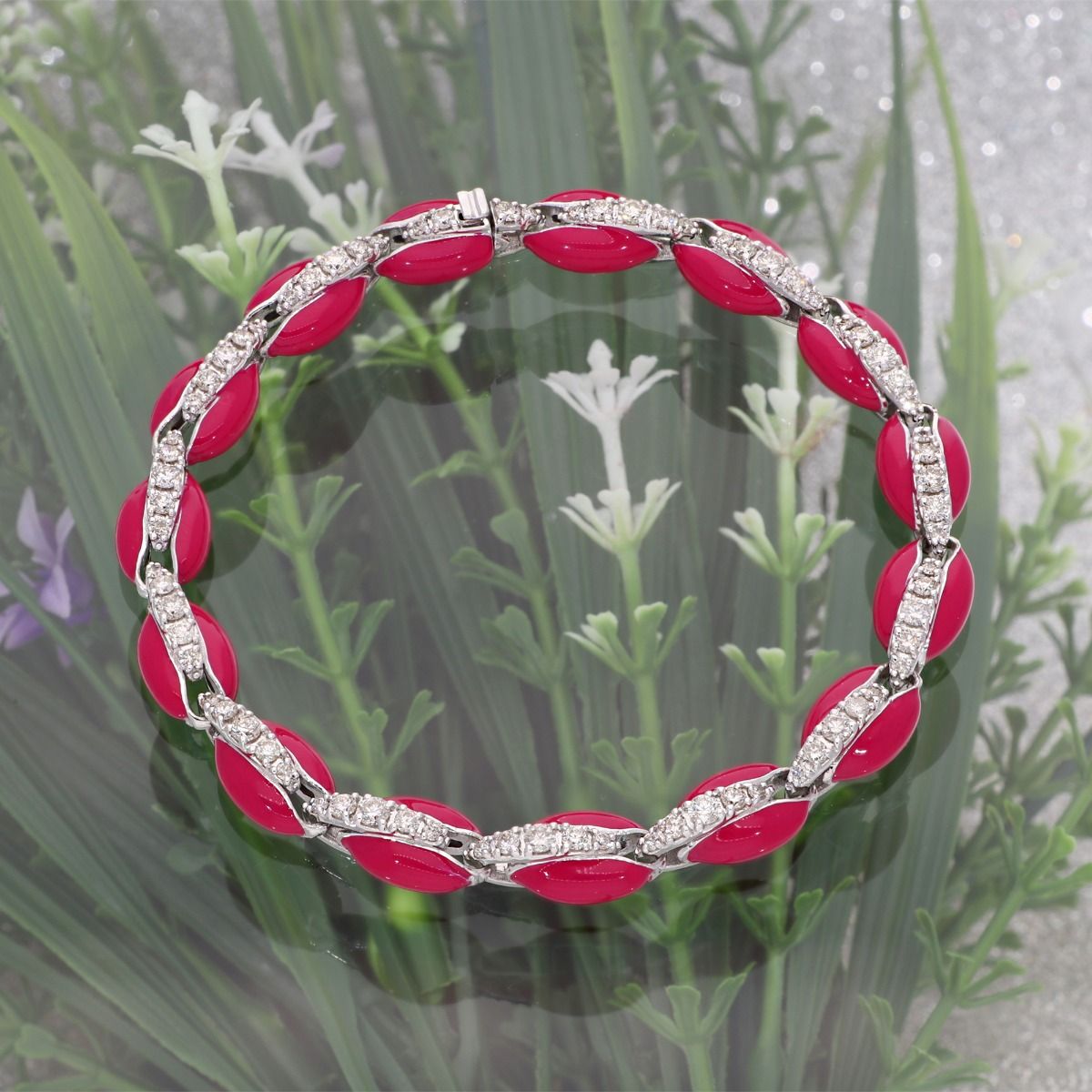 Red Enamel Natural HI Color SI Clarity Pave Diamond Women Bracelet 10k White Gold Handmade Jewelry