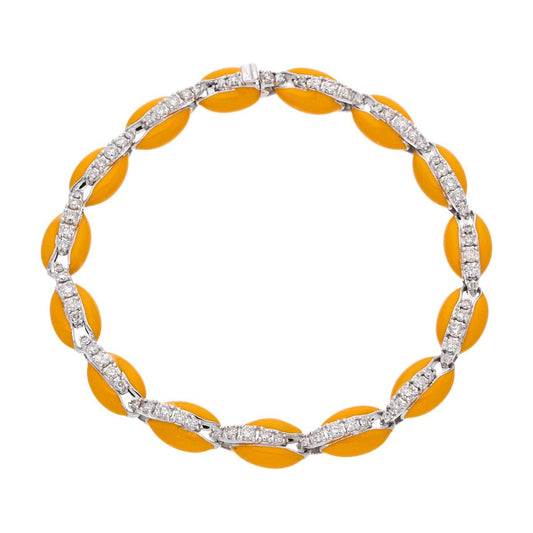 Cowrie Shell Yellow Color Enamel Bracelet 10k White Gold Natural 1.90 Carat HI Color SI Clarity Pave Diamond Women Jewelry