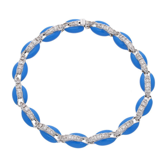 Natural 1.85 Carat HI Color SI Clarity Pave Diamond Bracelet Cowrie Shell Blue Enamel 10k White Gold Handmade Jewelry