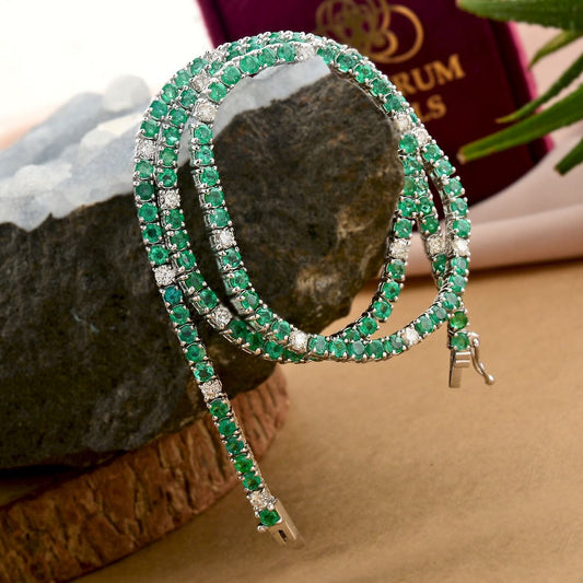 9.29 TCW SI Clarity HI Color Diamond Zambian Emerald Gemstone Chain With Diamonds In 10k White Gold Jewelry For Women , Gift For Her , Gift For Women