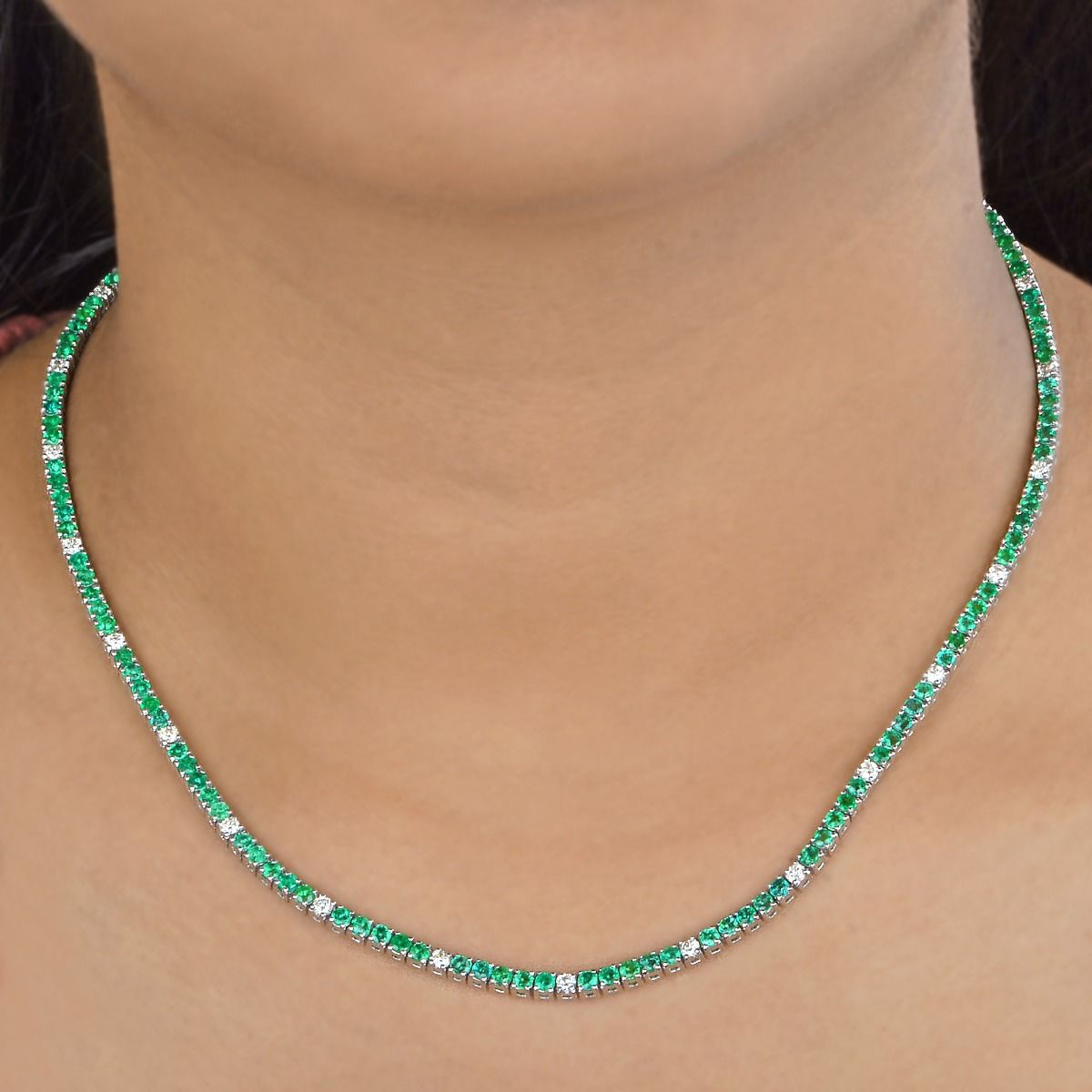 9.29 TCW SI Clarity HI Color Diamond Zambian Emerald Gemstone Chain With Diamonds In 10k White Gold Jewelry For Women , Gift For Her , Gift For Women